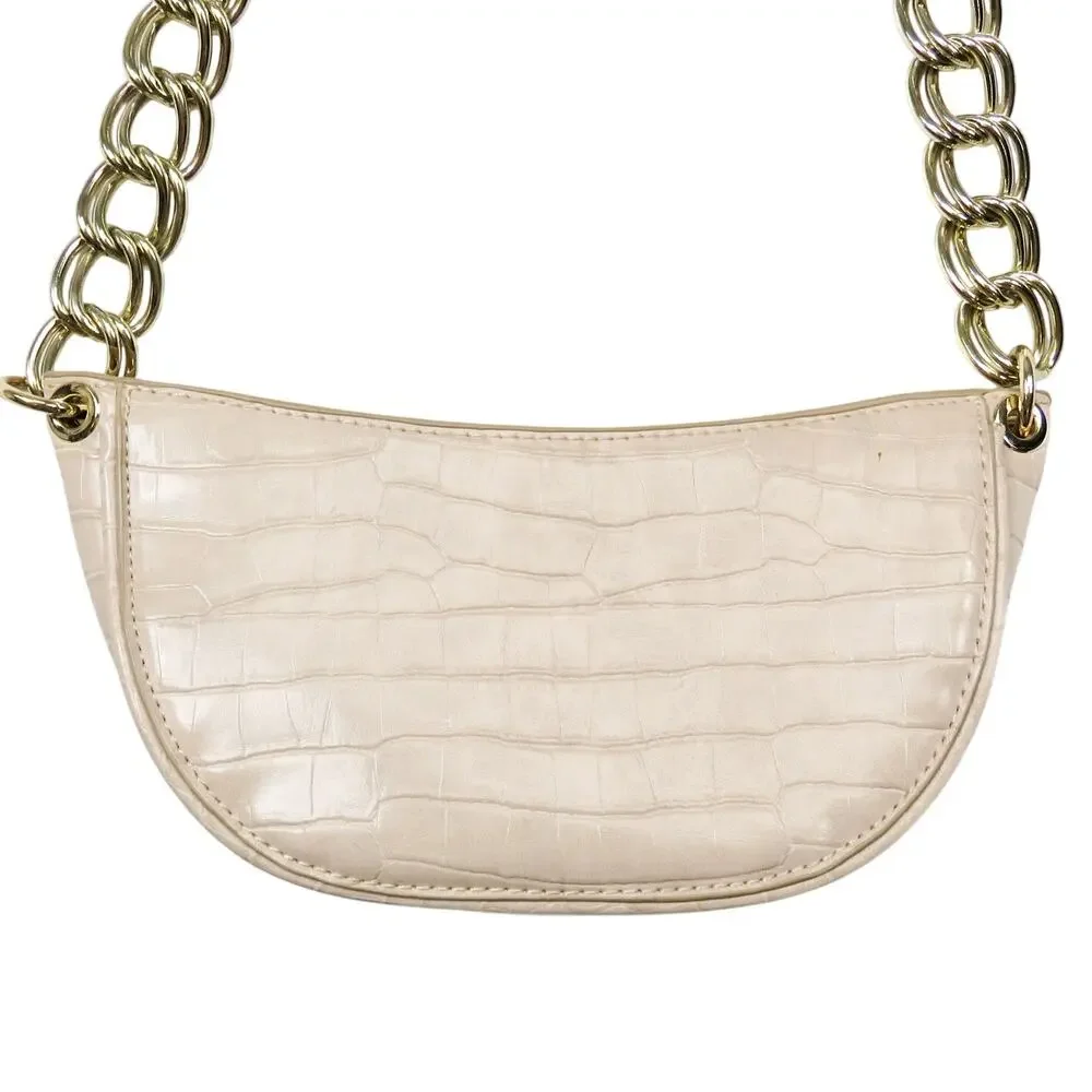 Zara Cream Croc Leather Shoulder Bag with Chunky Gold Chain Baguette Bag